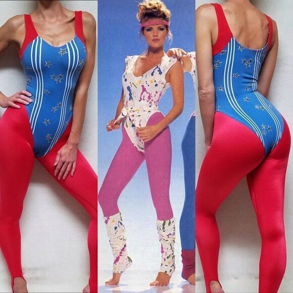 VINTAGE 70s Cobblestone Marika Stars And Stripes Bodysuit Tights Aerobics Outfit